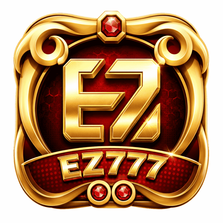 Premium EZ777 game logo with gold 3D E7 lettering, red gemstone, luxury gaming emblem, and white background.